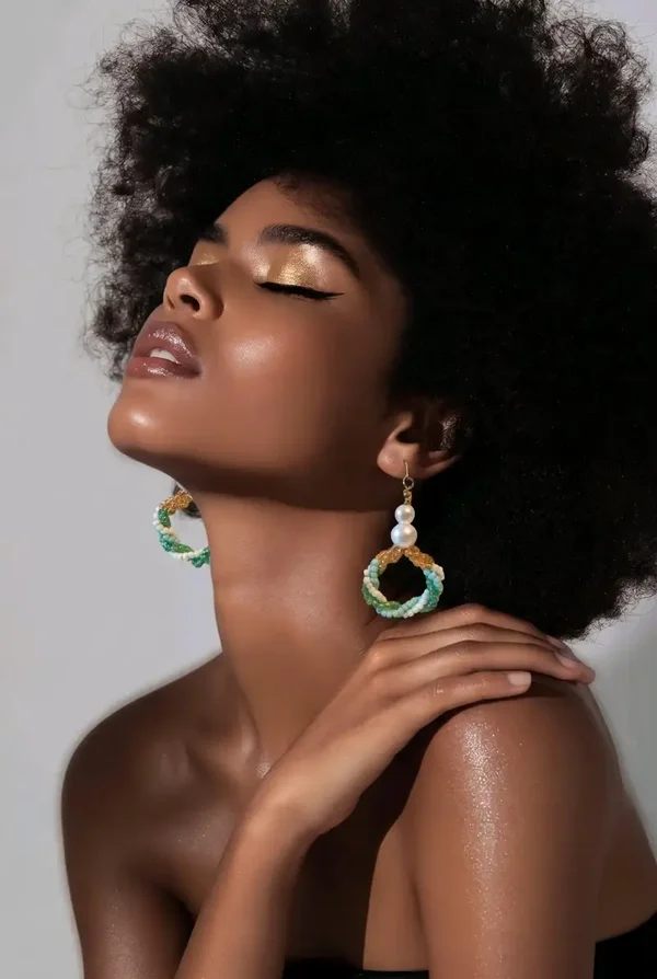 Green / Gold Seed and Faux Pearl Earrings
