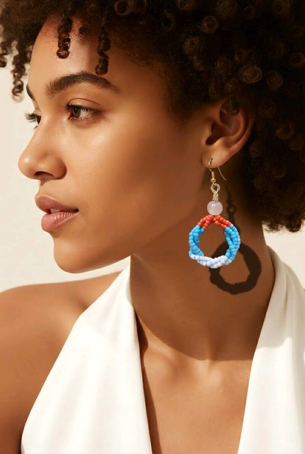 Orange, Blue and White Seed Bead Earrings