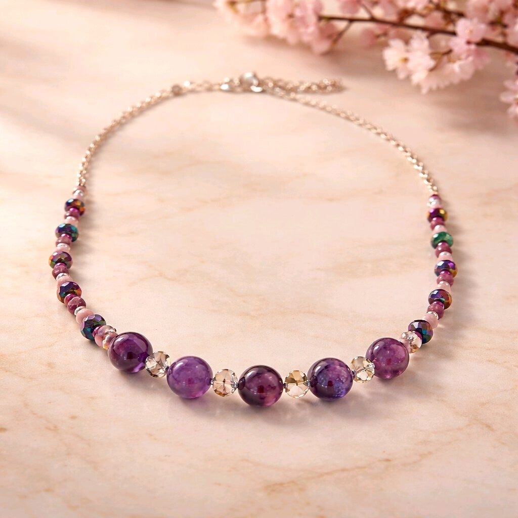 Purple Jade and Crystal Silver Chain Necklace