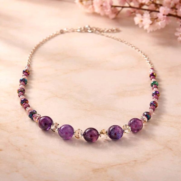 Purple Jade and Crystal Silver Chain Necklace