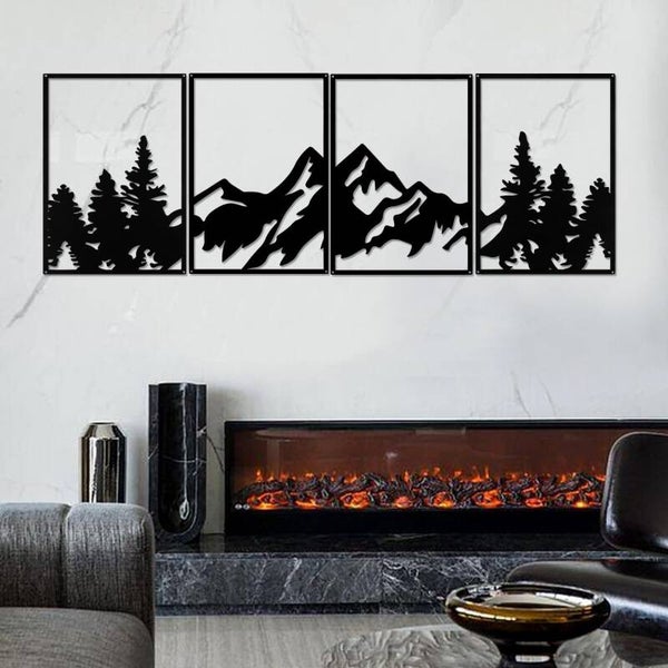 Décoration murale montagne en métal noir – Lot de 4 panneaux 112 x 40 cm