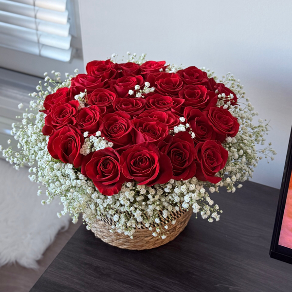 24 Roses With Baby’s Breath in a Basket