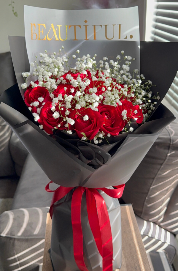 12 Red Roses & Baby’s  breath Bouquet