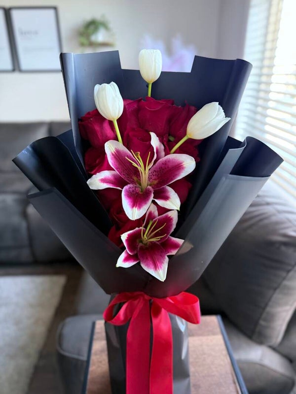 12 roses, Tulips & Lilies bouquet