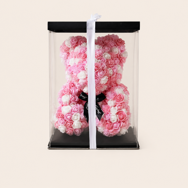 Roze/Witte Rozenbeer XL – Luxe Geschenkbox met Foamrozen