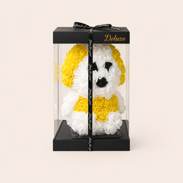 Deluxe Panda Rozenbeer – Luxe Geschenkbox met Witte, Gele en Zwarte Foamrozen