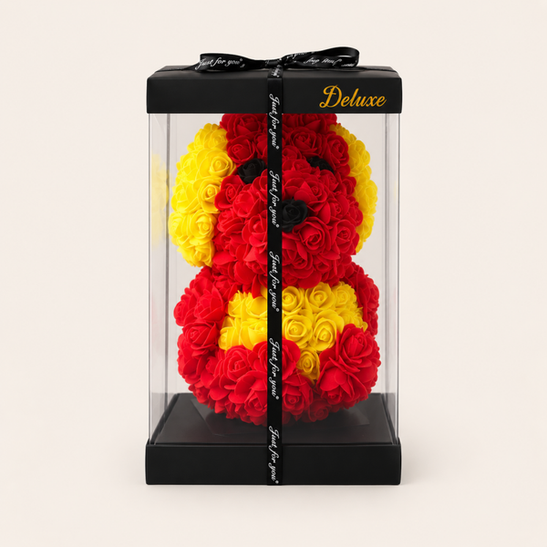 Deluxe Rozenbeer België – Luxe Geschenkbox met Rode, Gele en Zwarte Foamrozen