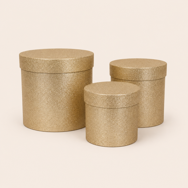 3-delige Luxe Glitter Bloemenbox Set Goud – Ronde Cadeauboxen