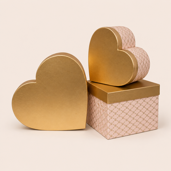 3-delige Luxe Cadeaubox Set Goud & Blush – Hartvormige Geschenkdozen