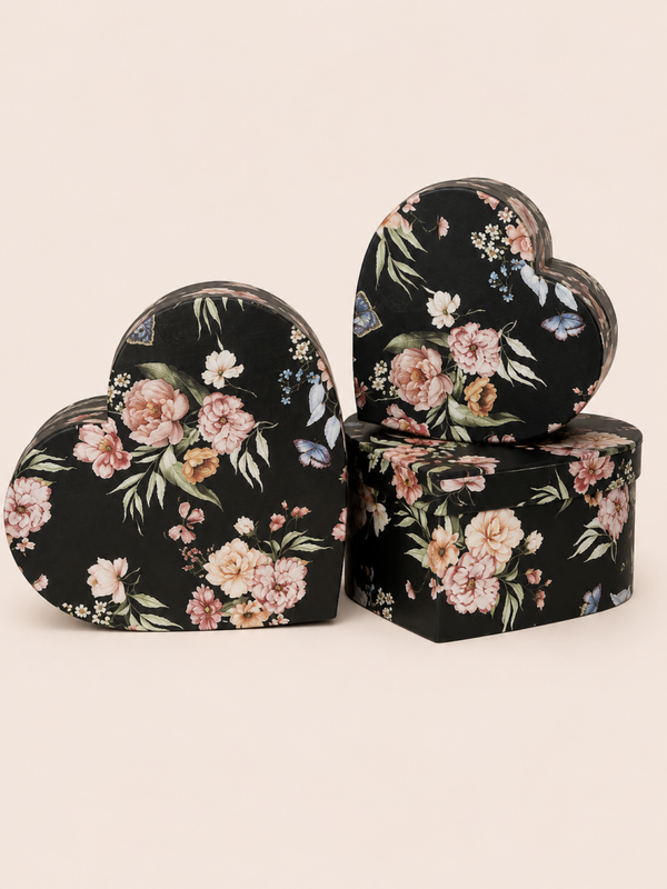 2-delige Hartvormige Bloemenbox Set Midnight Bloom – Luxe Cadeauboxen met Bloemenprint