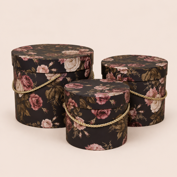 3-delige Luxe Bloemenbox Set Midnight Roses – Ronde Cadeauboxen met Gouden Koord