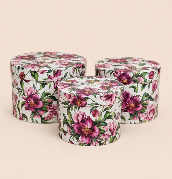 3-delige Luxe Bloemenbox Set Floral Romance – Ronde Cadeauboxen met Bloemenprint
