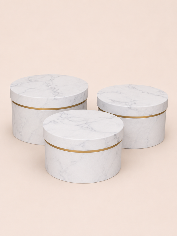 3-delige Luxe Bloemenbox Set Marmer Wit – Ronde Cadeauboxen met Goudaccent