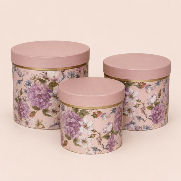 3-delige Luxe Bloemenbox Set Roze – Ronde Cadeauboxen met Bloemenprint