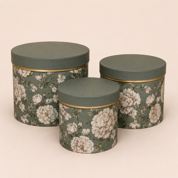 3-delige Luxe Bloemenbox Set Groen – Ronde Cadeauboxen met Bloemenprint