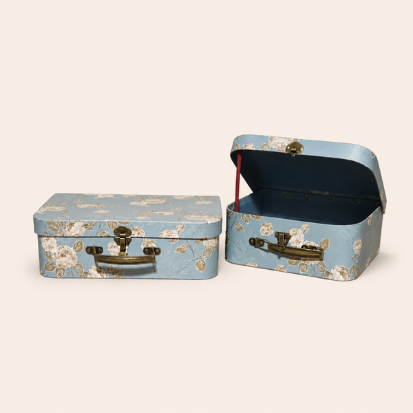 2-delige Kofferset Blauw met Bloemen – Decoratieve Vintage Opbergkoffers