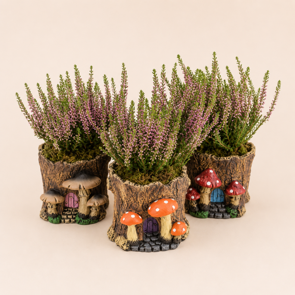 Heideplant in Decoratieve Boomstampot met Paddenstoelen