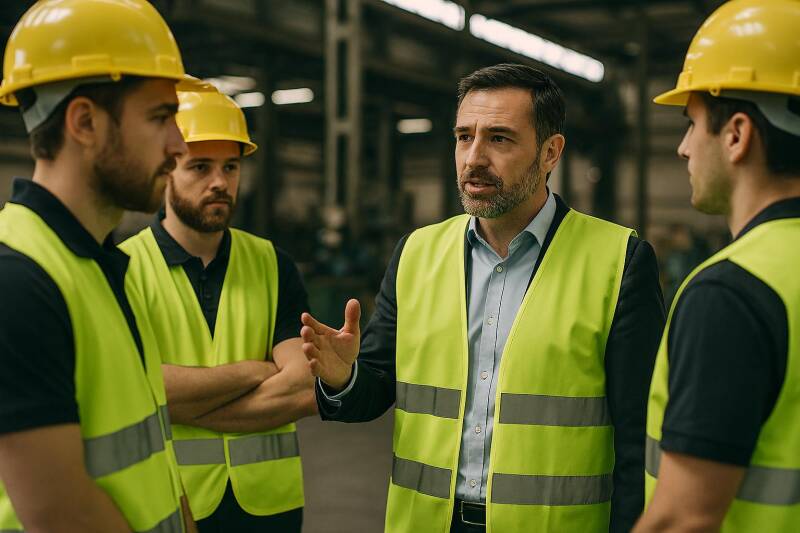 Responsable animant une courte réunion de sensibilisation à la sécurité avec des travailleurs en milieu industriel.