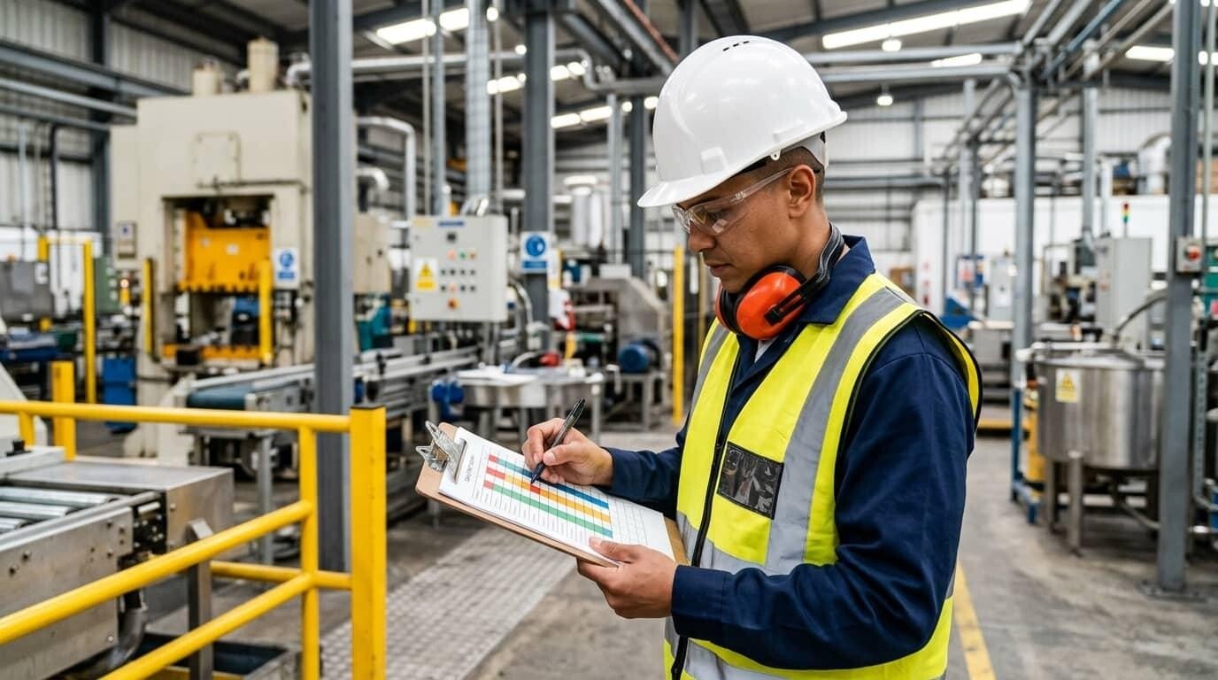 Opérateur équipé d'un casque et d'un gilet haute visibilité consultant une fiche d'analyse des risques dans un environnement industriel.
