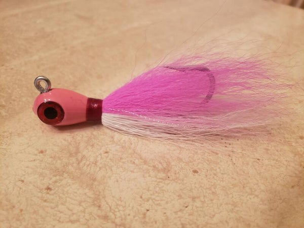Joe's Custom Saltwater Bucktail Hair Jigs. Pink & White.  1 OZ.