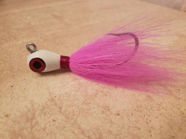 Joe's Saltwater Bucktail Hair Jigs. White head & Pink body. 1 OZ.