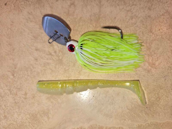 Joe's pro series, finesse bladed swim jig. 3/8 oz. Chartreuse & white.