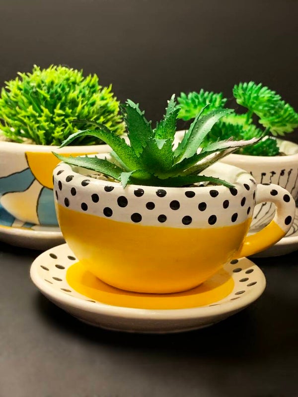 Cup & Saucer with Faux Succulent