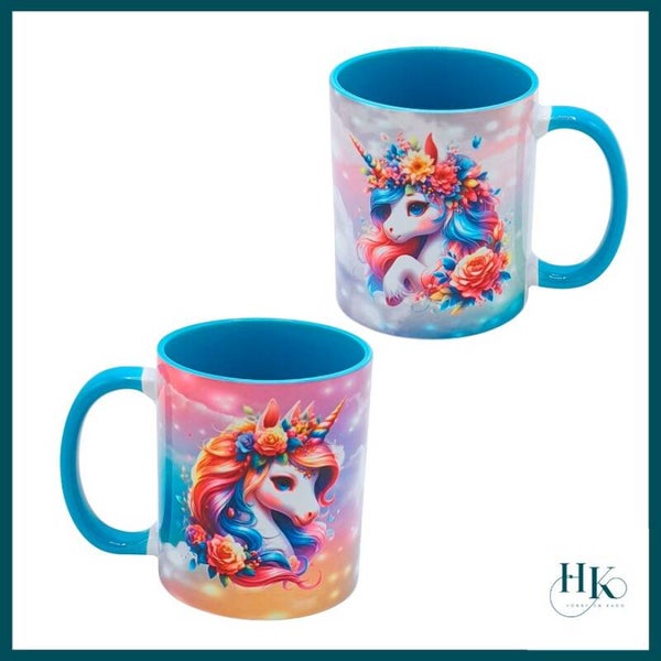 Bedrukte mok met kleurrijke Eenhoorn, blauw oor en binnenkant