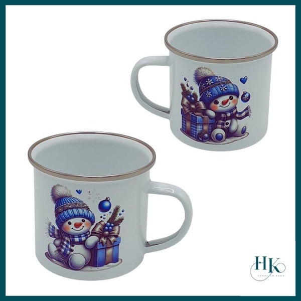 Bedrukte mok van emaile met sneeuwpop