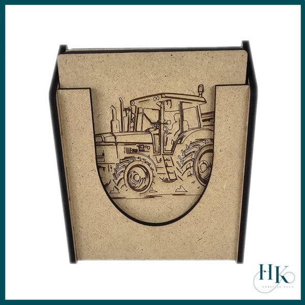 Onderzetter met afbeeldingen van tractoren.