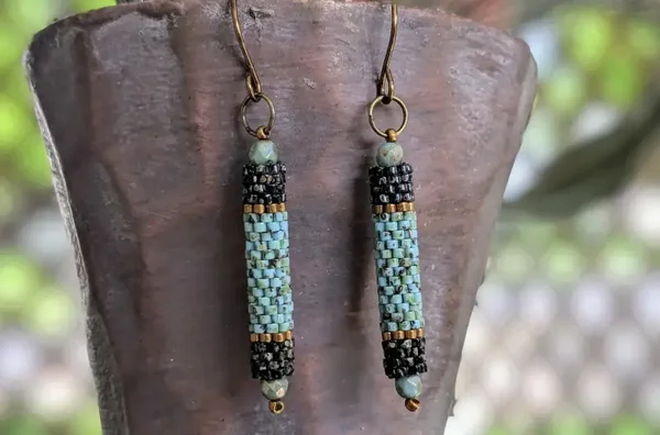 Beaded Blue And Black Peyote Tube Earrings