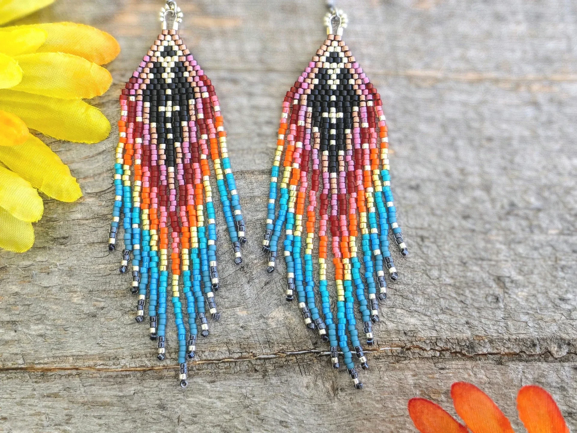 Rainbow Seed Bead Fringe Earrings