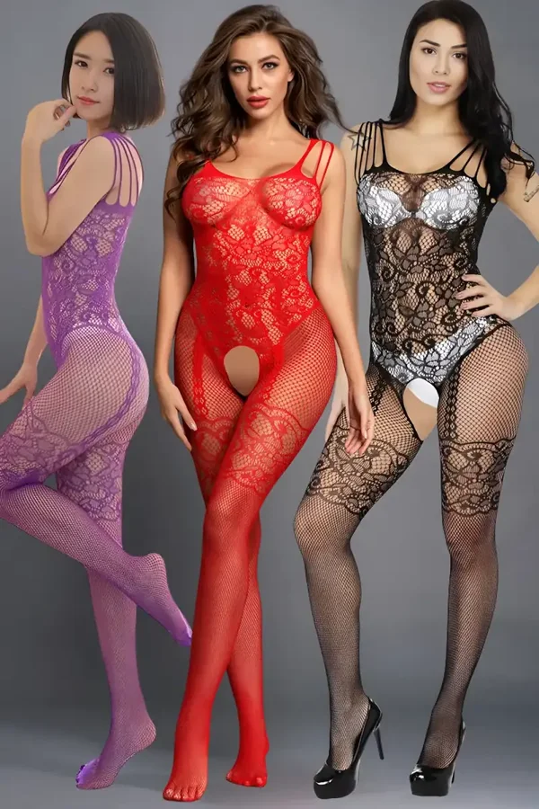 Sexy 3-Pack Bodystockings met Bloempatroon en Ondeugend Open Kruis
