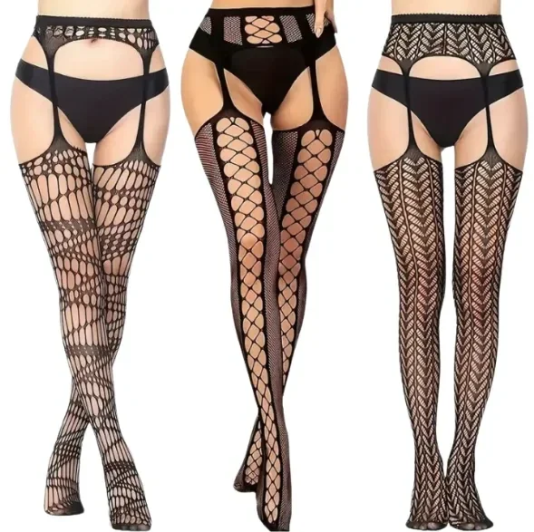 Ondeugende 3-Pack Hoge Taille Visnet Pantykousen met Unieke Patronen