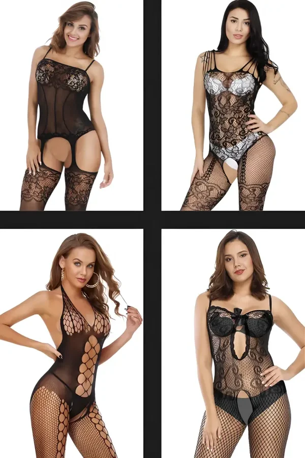 Sexy 4-Pack Zwarte Bodystockings met Jarretellook en Open Kruis