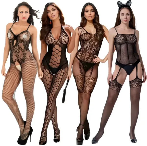 4-Pack Zwarte Bodystockings met Jarretels en Open Kruis