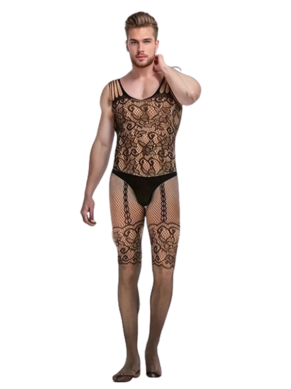 Zwarte Heren Bodystocking met Kant en Open Kruis