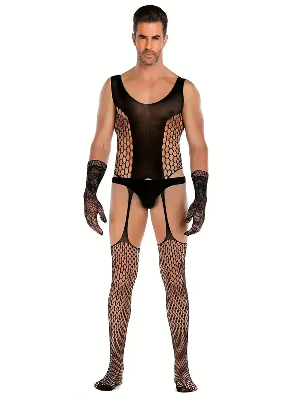 Zwarte Heren Bodystocking met Jarretels en Netstof