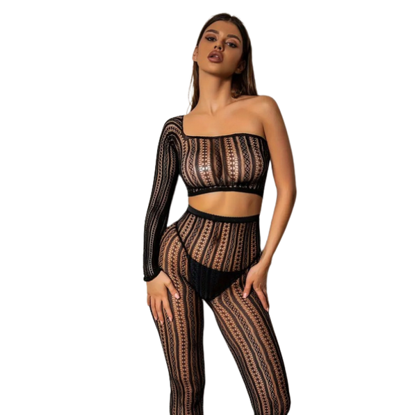 Sexy Clubwear Set Met Transparante Mesh Split Body Zwart