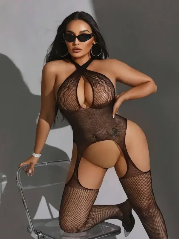 Zwarte Bodystocking met Jarretels en Netkousen