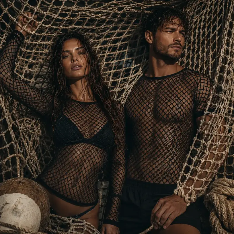 Vrouw en man in zwarte netlingerie in een donkere setting met touw en netten