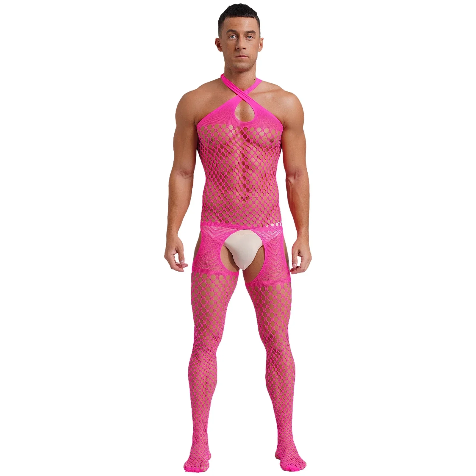 Heren Bodystocking Roze met Open Kruis en Gekruiste Halter