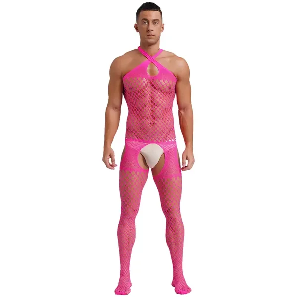Heren Bodystocking Roze met Open Kruis en Gekruiste Halter