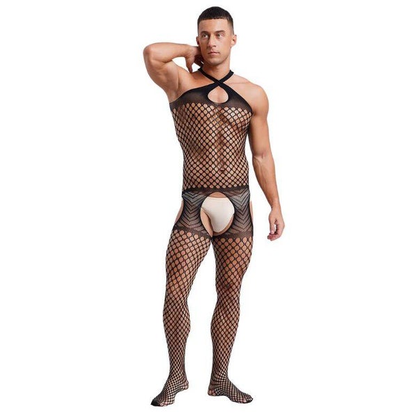 Heren Bodystocking Visnet - Open Kruis Lingerie
