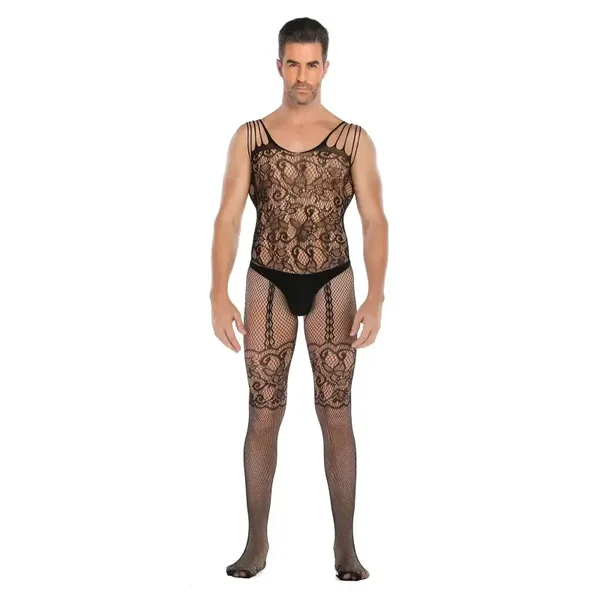 Zwarte Heren Bodystocking met Kant en Open Kruis