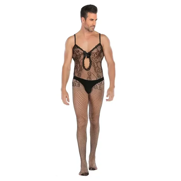 Zwarte Heren Bodystocking met Kant