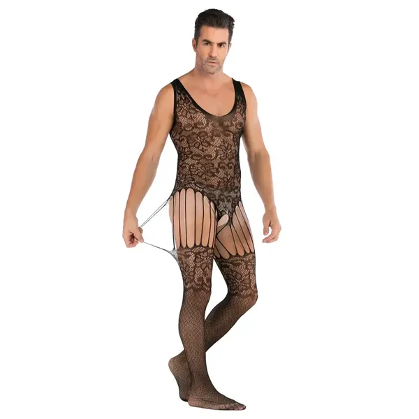 Zwarte Heren bodystocking met Bloempatroon en Kousen