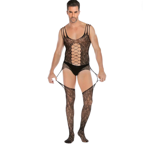 Zwarte Kanten Heren Bodystocking