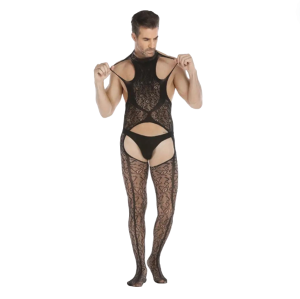 Zwarte Heren Bodystocking Kant met Open Billen