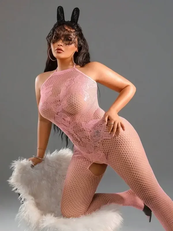 Roze Plus Size Bodystocking met Open Kruis